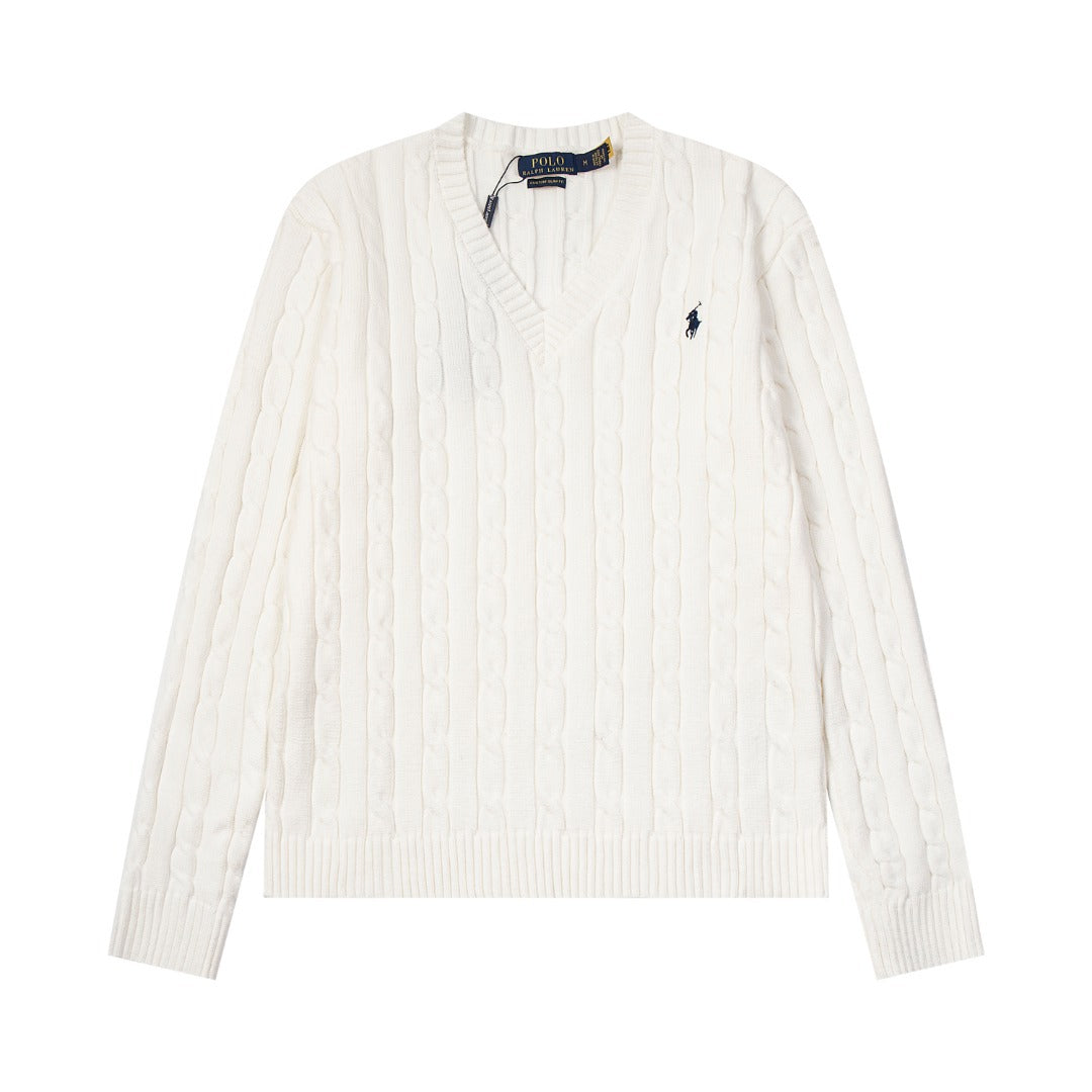 V-neck knitted sweater with twist embroidery