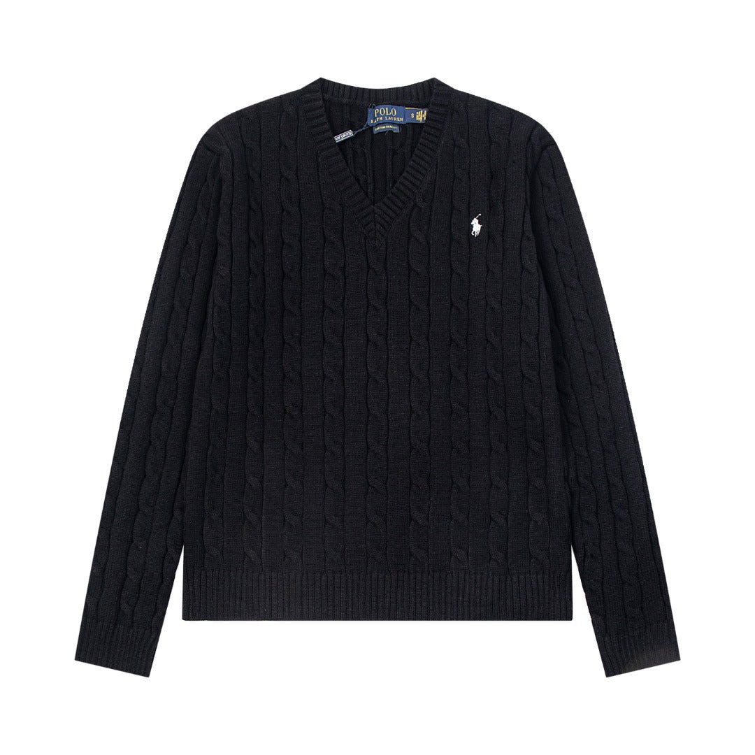 V-neck knitted sweater with twist embroidery