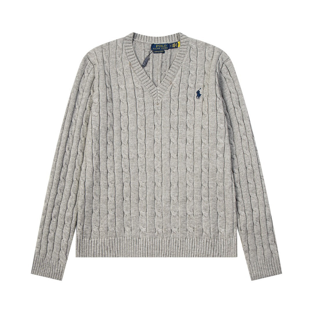 V-neck knitted sweater with twist embroidery